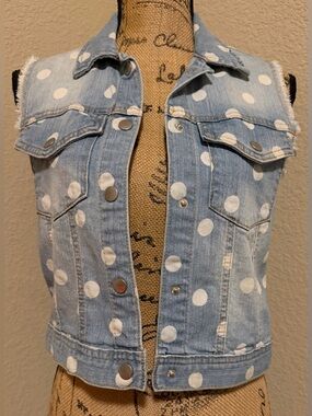 Forever 21 Light Blue Denim Vest with White Polka Dots